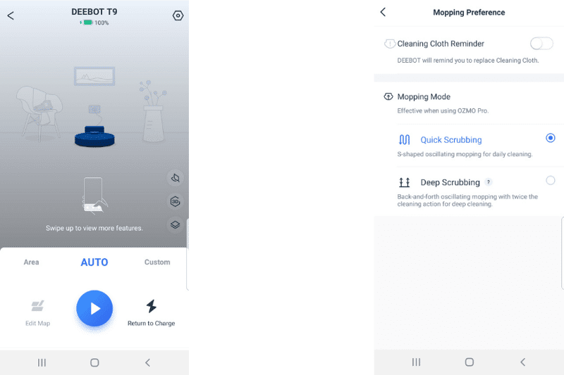 Tiefenschrubben Modus wird in der App des Ecovacs Deebot T9 ausgewählt